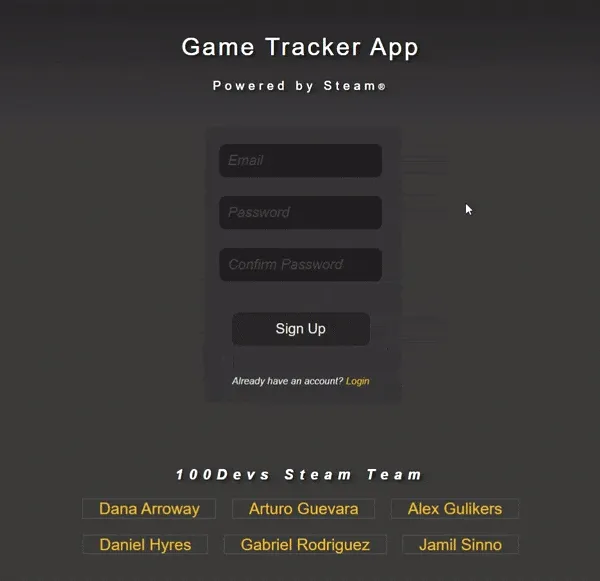 Gif of the Game Tracker App. The gif is demonstrating a login feature being performed.